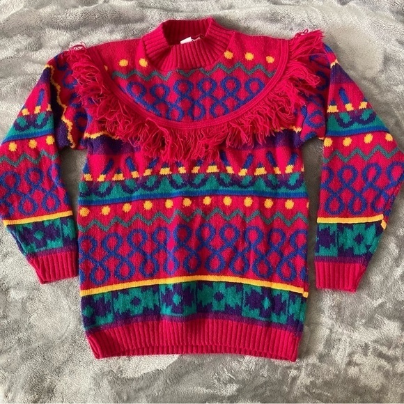 Mount Snow Sweaters - VTG Mount Snow 80's Bright Multi-Color Cable Knit Fringe Sweater Shapes & Swirls
